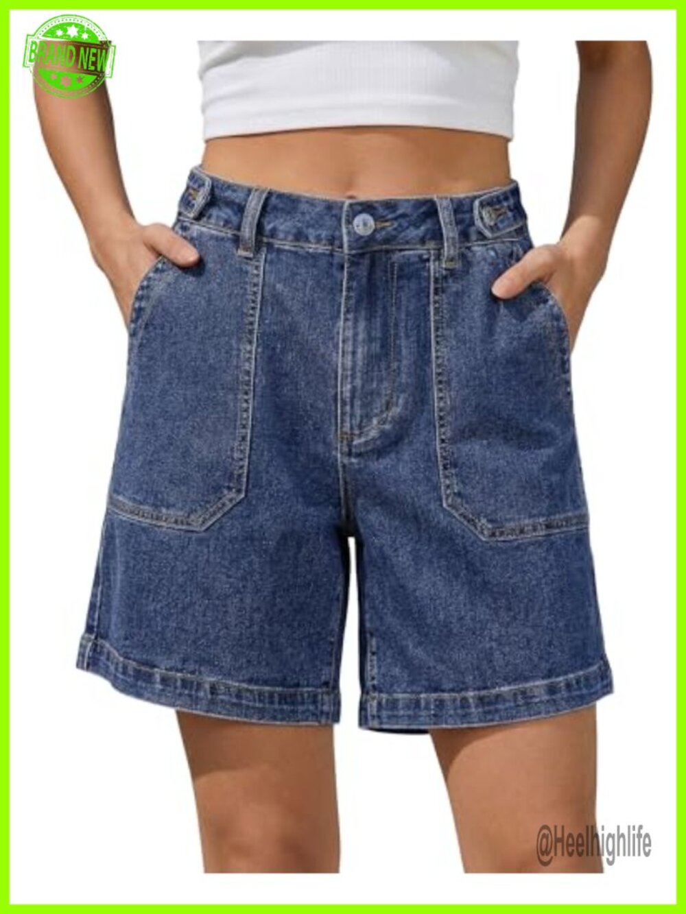 Adjustable Waist Wide Leg Denim Shorts Cotton Spandex 7" Inseam